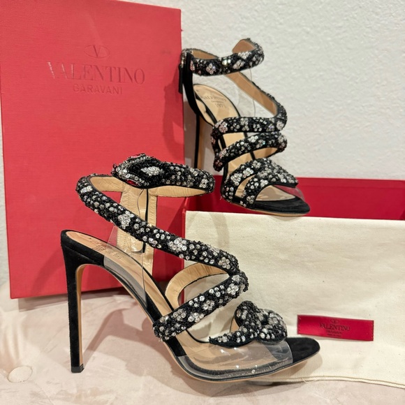 RARE VALENTINO GARAVANI crystal snake black suede sandal stiletto heels 39 - Picture 3 of 11